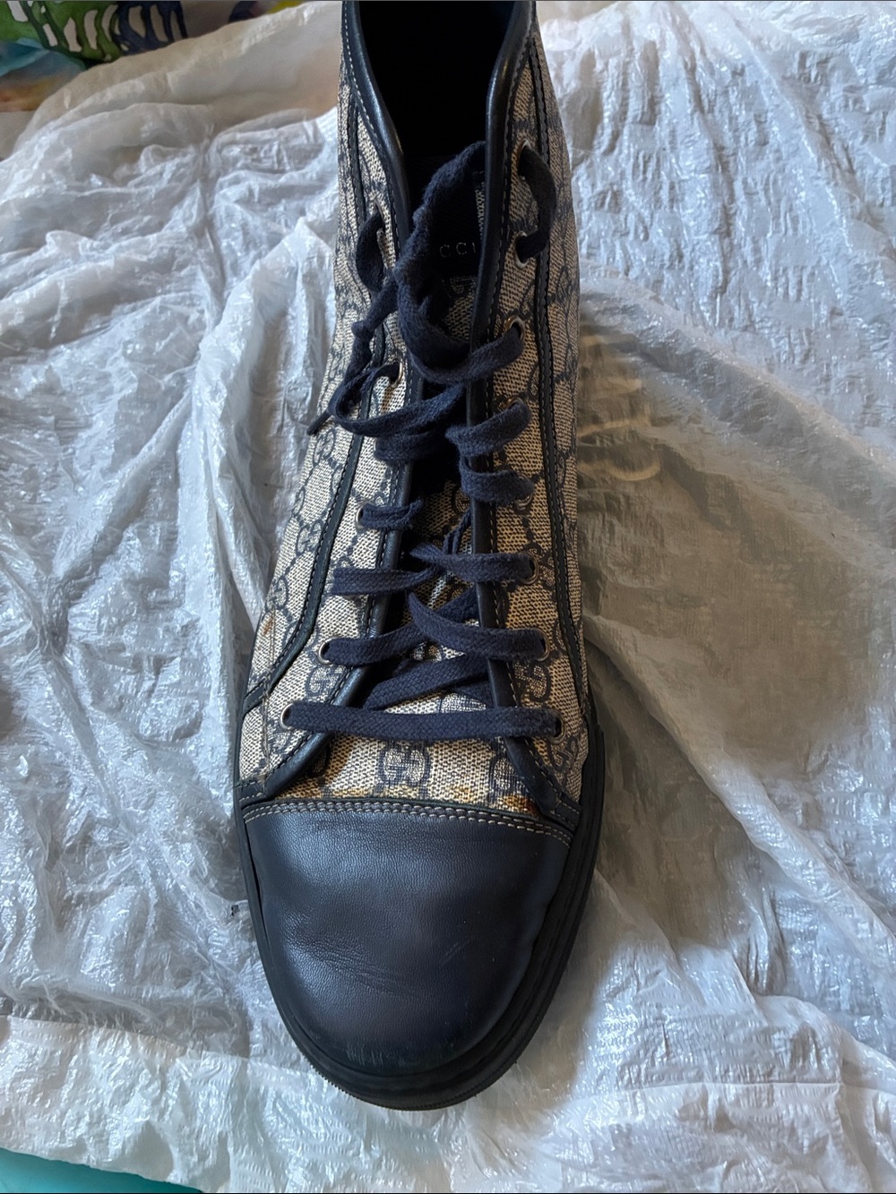 Gucci Navy and Beige High-Top Monogram Sneaker